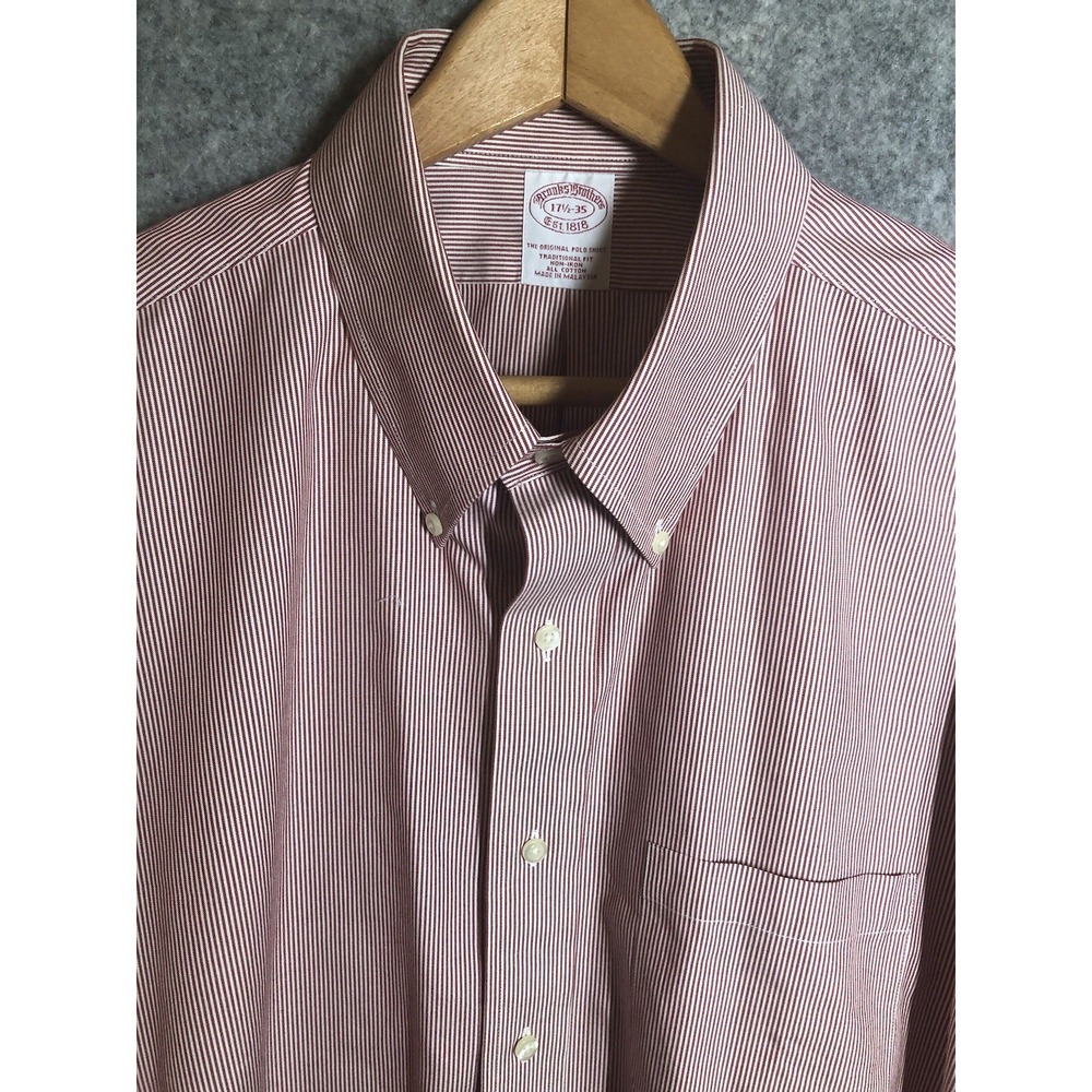 Brooks Brothers Shirt 17.5-35 Red Stripe 1818 Non-Iron Career Casual Classic